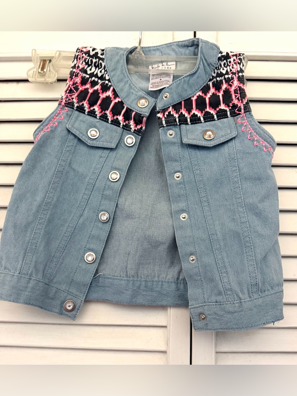 Nicole Miller Girls Light Blue Denim Vest with Pink & Black Embroidered
